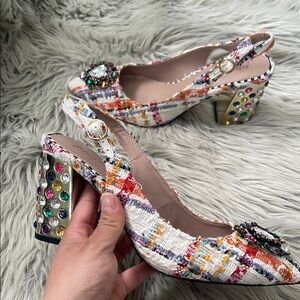 Betsey Johnson Colorful Tweed Heels with Jewel Details